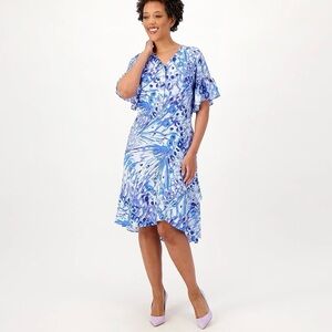 NWOT Isaac Mizrahi Live! Petite Printed Crepe Midi Dress Ruffle Detail Blue